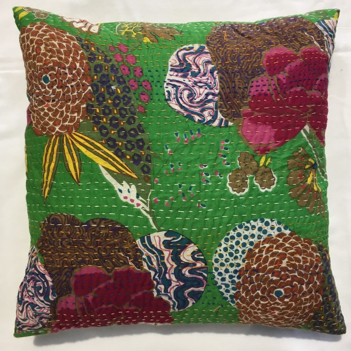Kantha Stitch Cushion - Bright Green