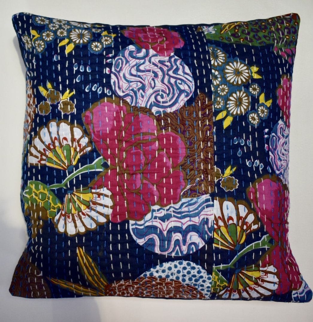 Kantha Stitch Cushion - Dark Blue