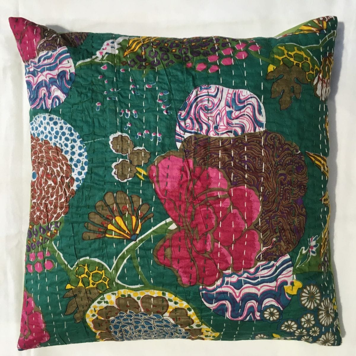 Kantha Stitch Cushion - Dark Green