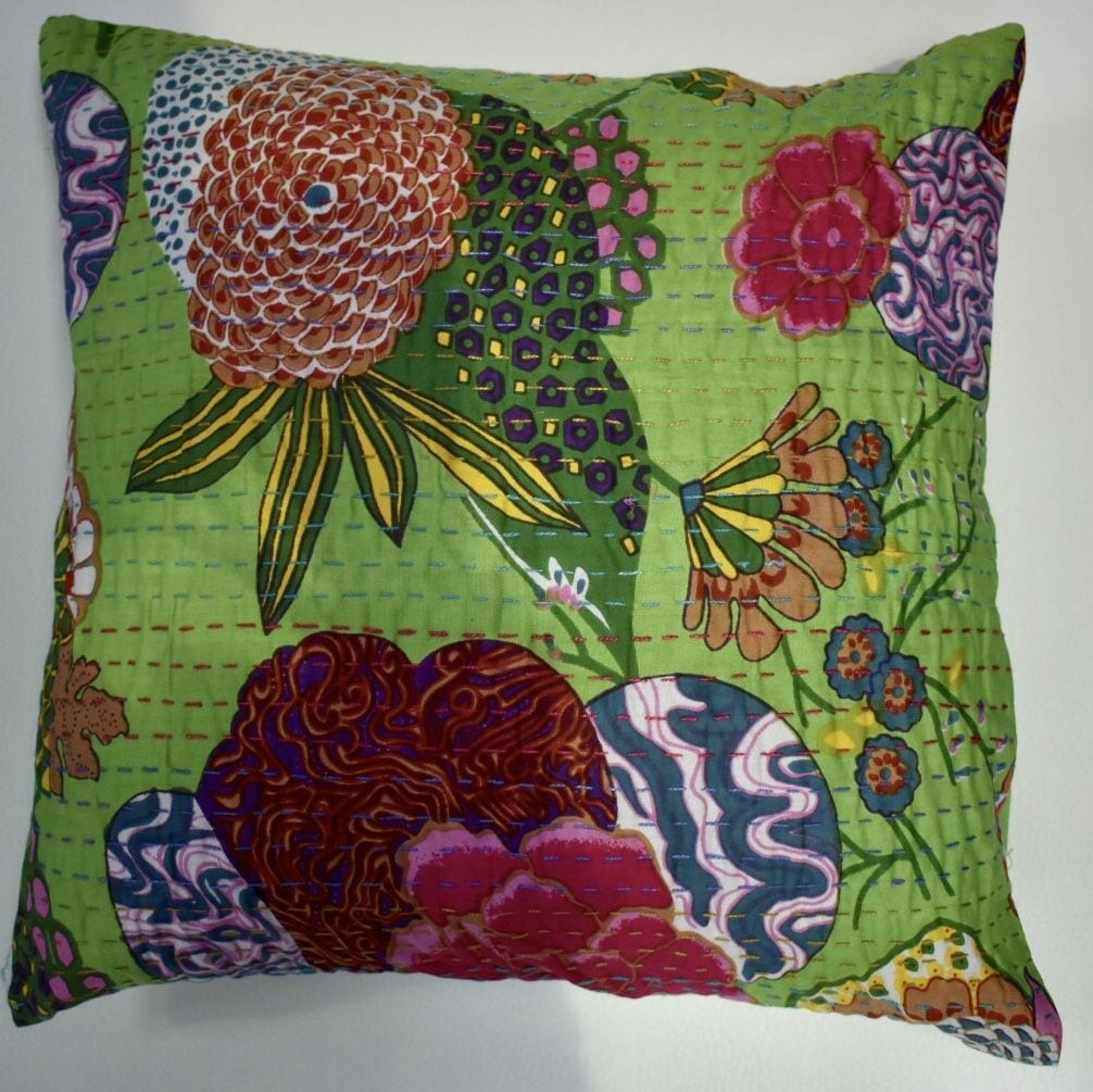Kantha Stitch Cushion - Lime Green