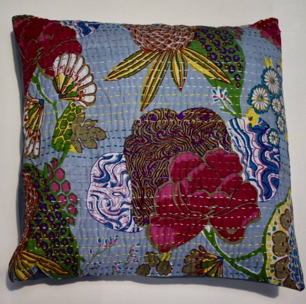 Kantha Stitch Cushion - Pale Blue