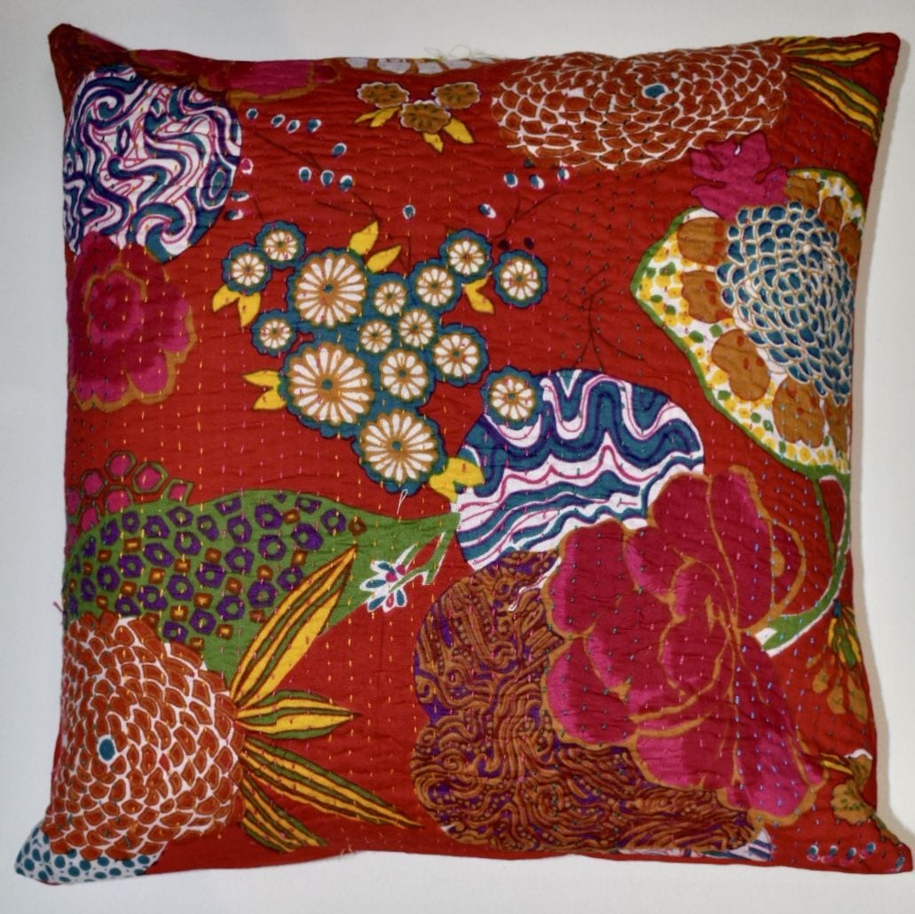 Kantha Stitch Cushion - Red