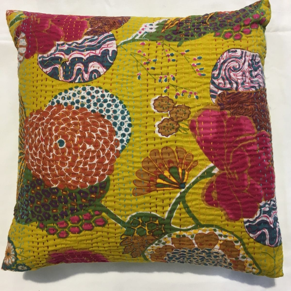 Kantha Stitch Cushion - Yellow